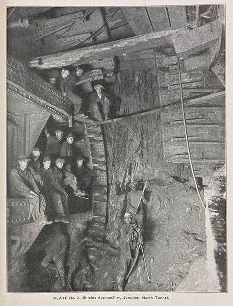 The meeting of the tunnelling shields of the north tunnel, photograph, 1924, Annual Report of the New Jersey Interstate Bridge and Tunnel Commission, 1925 (Linda Hall Library)
