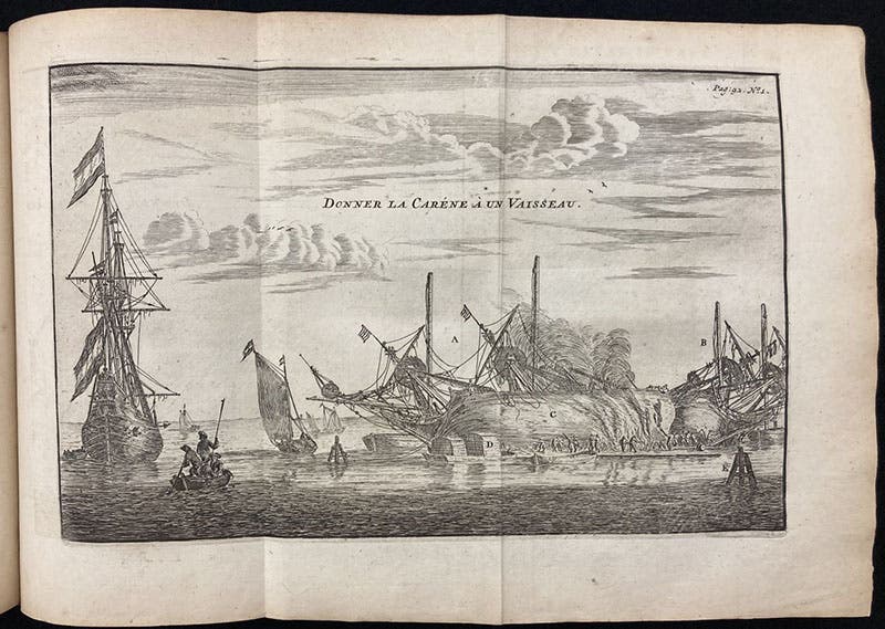 Careening a ship, engraving, L'art de batir les vaisseaux, by Nicolaas Witsen et al, p. 92, 1719 (Linda Hall Library)