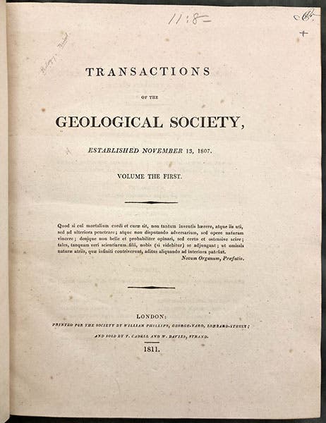 Title page of vol. 1, Transactions of the Geological Society of London, published by William Phillips, 1811 (Linda Hall Library)