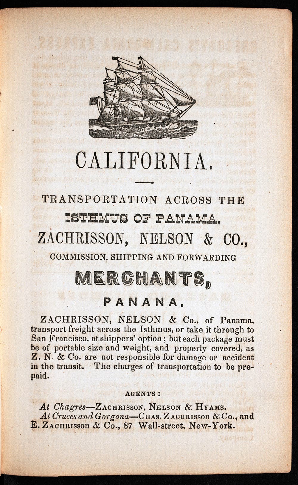 Advertisement for transportation across the Isthmus. From E.L. Autenrieth, A topographical map of the Isthmus of Panama. New York, 1851.