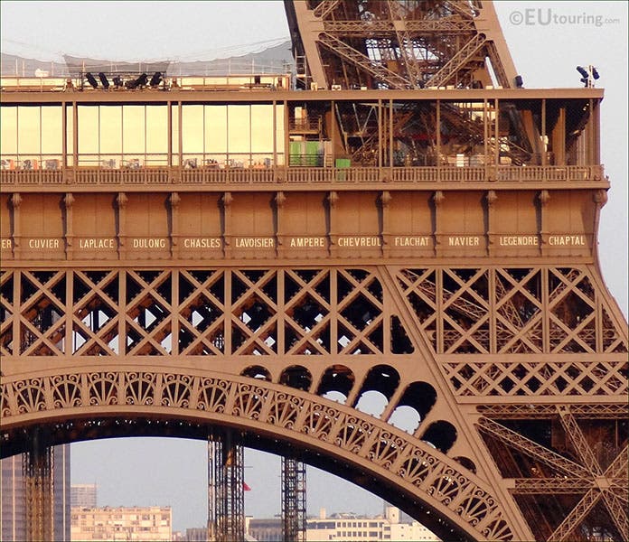 Frieze below the first level of the Eiffel Tower, with the name of Laplace at left (eutouring.com)