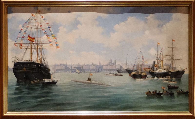 Painting of the launch of the Peral submaine, Sep. 8, 1888, Naval Museum of Madrid (Wikimedia commons)