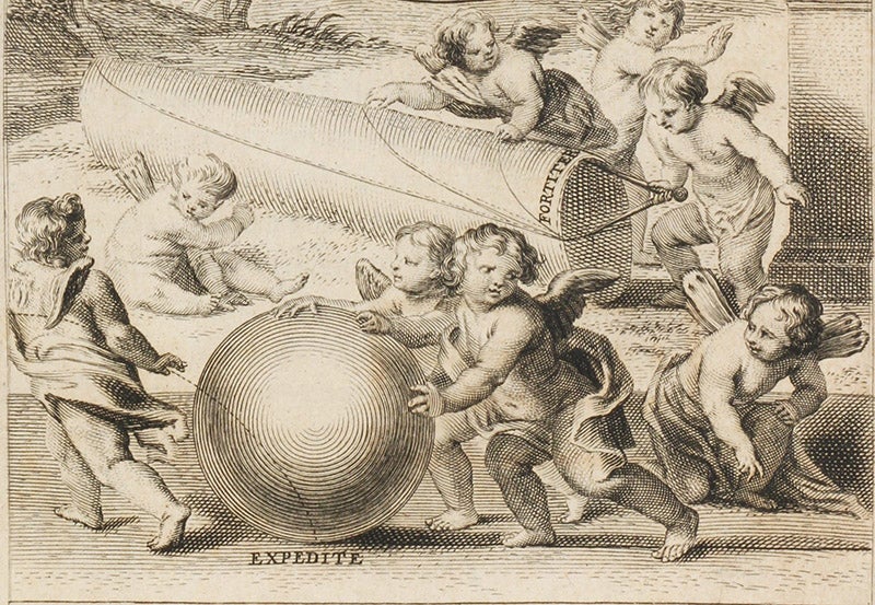 Putti marking sections of cylinders, rings, and spheres, detail of engraved titlepage, André Tacquet, Cylindricorum et annularium libri IV, 1651 (Linda Hall Library)