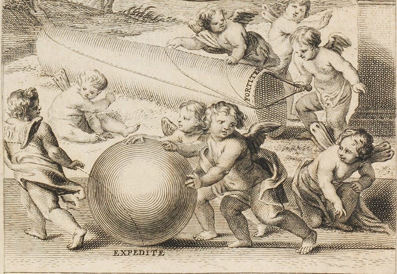 Putti marking sections of cylinders, rings, and spheres, detail of engraved titlepage, André Tacquet, Cylindricorum et annularium libri IV, 1651 (Linda Hall Library)
