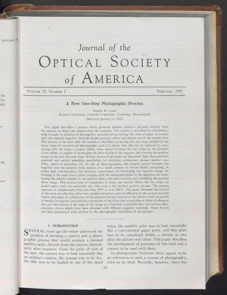 First publication of Edwin Land’s one-step photography system in the Feb. 1947 issue of the Journal of the Optical Society of America (Linda Hall Library)