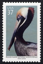 U.S. Postal Service 37c stamp, issued in 2003, commemorating the centennial of the designation of Pelican Island as the first National Wildlife Refuge on Mar. 14, 1903 (postalmuseum.si.edu)