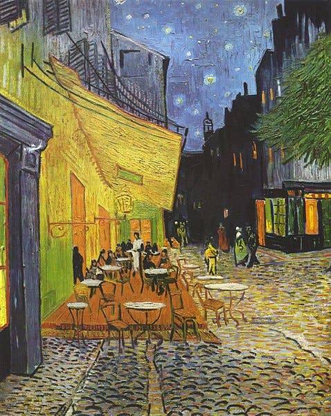 Cafe Terrace at Night, Vincent van Gogh, 1888, Kröller-Müller Museum, Netherlands (Wikimedia commons)