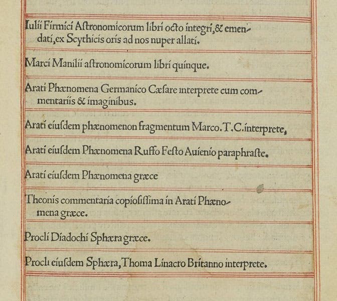 Detail of table of contents, showing four entries for the Phenomena of Aratus, in Matheseos Liber, by Firmicus Maternus et al., 1499 (The Linda Hall)