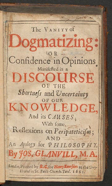 Title page of Joseph Glanvill, The Vanity of Dogmatizing, 1661 (Linda Hall Library)