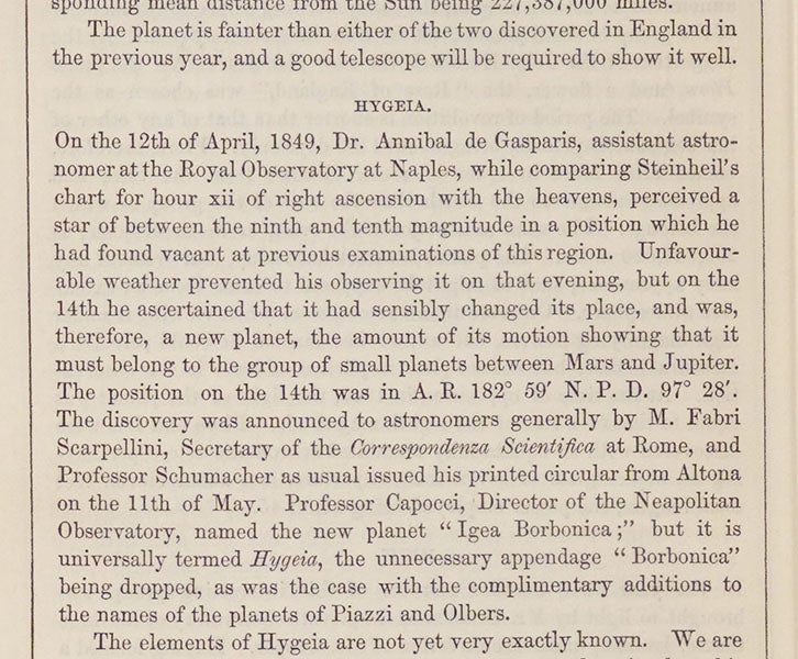 Detail of page describing the discovery of 10 Hygiea by Annibale de Gasparis, in The Solar System: The Sun, Moon and Planets, by John Russell Hind, 1852 (Linda Hall Library)