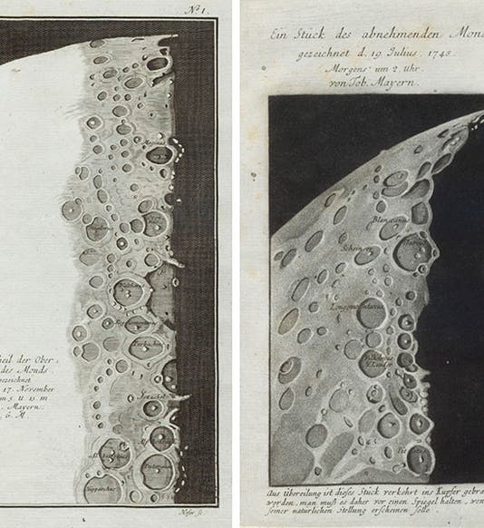A line engraving <i>(left</i>) and a mezzotint (<i>right</i>) of two different regions of the lunar surface, from Tobias Mayer, <i> Bericht von den Mondskugeln</i>, 1750 (Linda Hall Library)