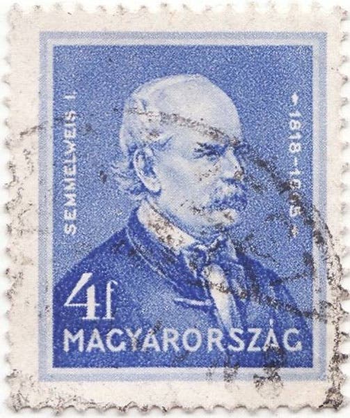 Postage stamp issued by Hungary to honor Ignasz Semmelweisz, 1932 (media4.allnumis.com)
