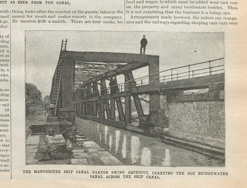The Barton Swing Aqueduct, view from the Bridgewater Canal, photoengraving, Scientific American, vol. 70, Mar. 10, 1894 (Linda Hall Library)
