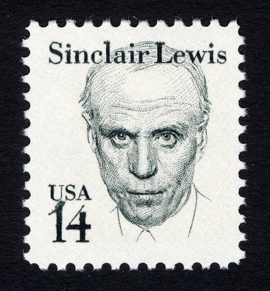 Portrait of Sinclair Lewis on a U.S. postage stamp, 1985, National Postal Museum, Smithsonian Institution (usstampgallery.com)