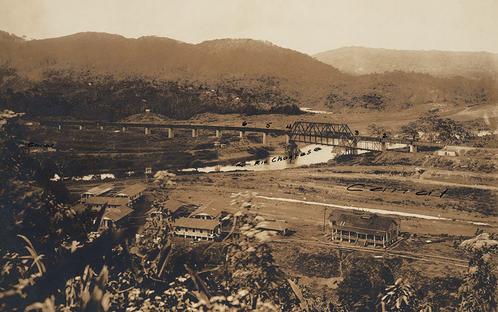 The new Gamboa Bridge across the Chagres River in 1908. From A.B. Nichols Notebooks. View in Digital Collection »