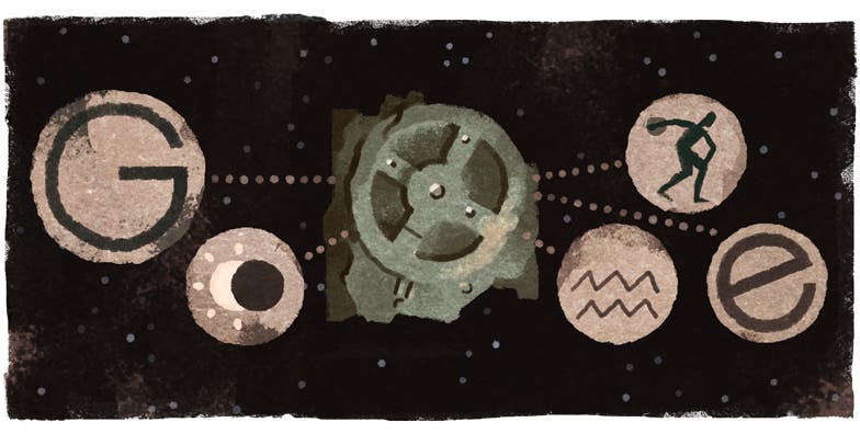 Google Doodle for May 17, 2017, commemorating the 115th anniversary of the discovery of the Antikythera Mechanism (doodles.google/doodle)