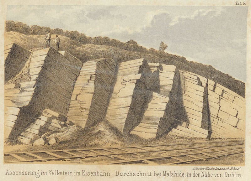 Limestone strata at a railroad cut near Dublin, tinted lithograph, Karl Cäsar von Leonhard, Das Buch der Geologie, vol. 1, 1855 (Linda Hall Library)