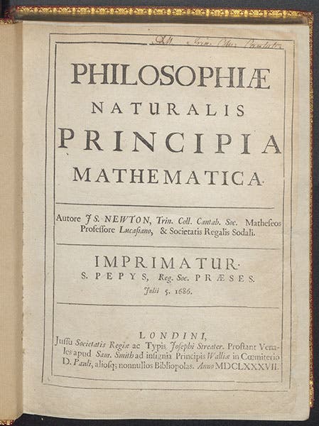 Title page of Isaac Newton, Principia, 1687, with imprimatur of Samuel Pepys (Linda Hall Library)