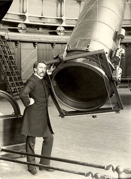 Portrait of John Martin Schaeberle, at the business end of the 36-inch Lick refractor, photograph ca 1892, Lick Observatory archives (digitalcollections.library.ucsc.edu)