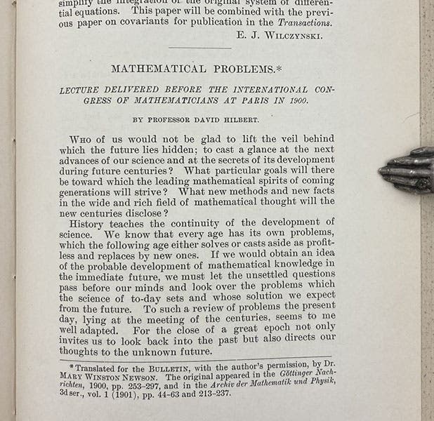 First page of translation of the “23 Problems” paper of David Hilbert, Bulletin of the American Mathematical Society, vol. 8, p. 437, 1902 (Linda Hall Library)