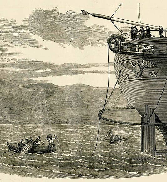 Landing the western end of the first Atlantic Cable from the USS Niagara in Trinity Bay, Newfoundland, Aug. 5, 1858, Frank Leslie’s Illustrated Newspaper, Sept. 11, 1858, reproduced on atlantic-cable.com (atlantic-cable.com)