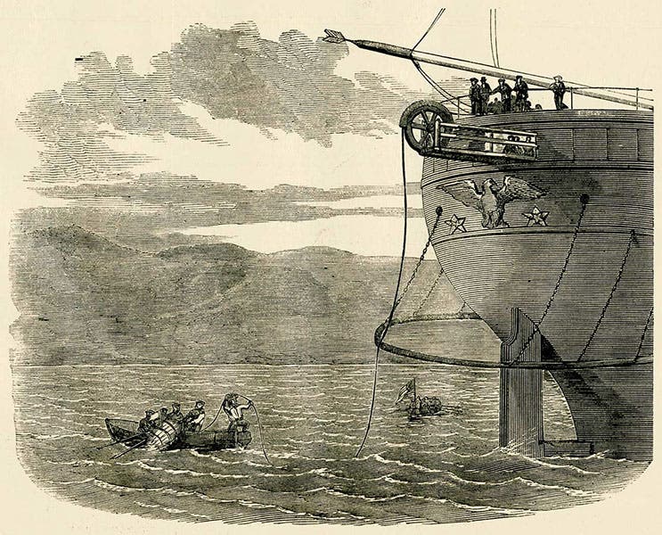 Landing the western end of the first Atlantic Cable from the USS Niagara in Trinity Bay, Newfoundland, Aug. 5, 1858, Frank Leslie’s Illustrated Newspaper, Sept. 11, 1858, reproduced on atlantic-cable.com (atlantic-cable.com)