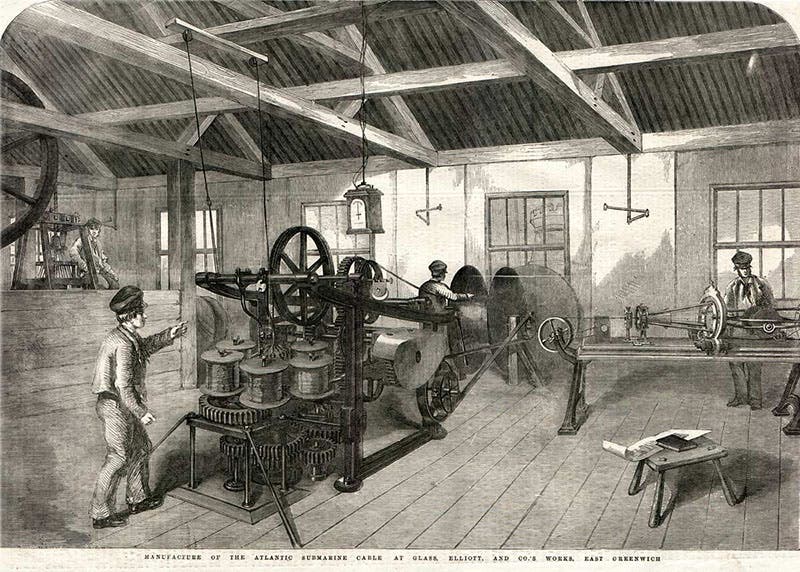 Submarine cable being manufactured in the Glass, Elliot, and Co. plant, East Greenwich, wood engraving, Illustrated London News, Mar. 14, 1857 (atlantic-cable.com)