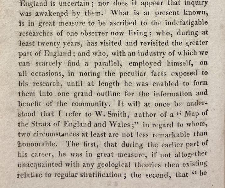 Detail of p. 4 of “Introduction,” praising William Smith’s geological map, A Selection of Facts from the Best Authorities, Arranged so as to Form an Outline of the Geology of England and Wales, by William Phillips, 1818 (Linda Hall Library)