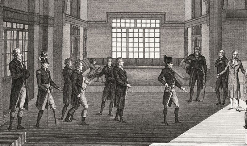 First meeting of the Institute of Egypt, 1798; Claude-Louis Berthollet is at center, immediately behind Napoleon, detail of an engraving based on a drawing by Jean Protain, in Description de l’Égypte, État modern, vol. 1, 1809-1828 (Linda Hall Library)