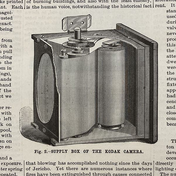 The supply and take-up reels for the paper film in the new Kodak camera, wood engraving in Scientific American, Sep. 15, 1888 (Linda Hall Library)