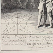 Conic sections in the sand, detail of engraved frontispiece by Michael Burghers, in Apollonii Pergaei Conicorum libri octo, ed. by Edmond Halley, 1710 (Linda Hall Library)