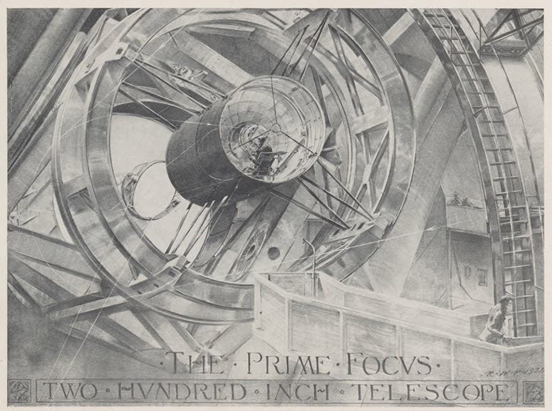 The prime focus of the 200-inch reflector at Mount Palomar, drawing by Russell W. Porter, in James Fassero and Russell W. Porter, Photographic Giants of Palomar, 1947 (Linda Hall Library)