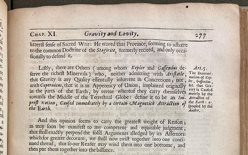 Detail of page discussing the nature of gravity, Physiologia Epicuro-Gassendo-Charletonia, by Walter Charleton, 1654 (Linda Hall Library)