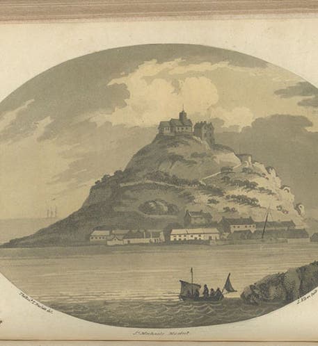 Saint Michael Mount, aquatint by Samuel Alken after drawing by Thomas Rackett, in Observations Relative Chiefly to the Natural History, Picturesque Scenery, and Antiquities, of the Western Counties of England, by Willam George Maton, vol. 1, p. 196, 1797.