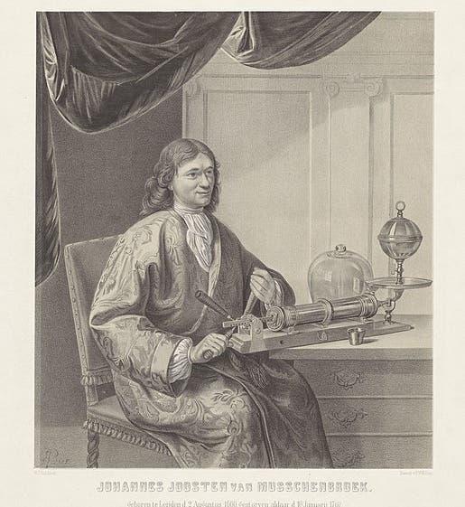 Portrait of Johan Joosten van Musschenbroek, engraving, 19thh c., after painting by Pieter van Slingelandt, Rijksmuseum, 1686 (Wikimedia commons)