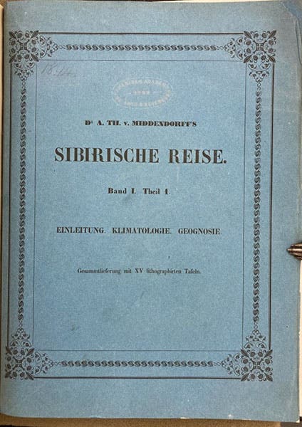 Paper cover of volume 1, part 1, of Reise in den äussersten Norden und Osten Sibiriens während der Jahre 1843 und 1844, by Alexander von Middendorff, 1847 (Linda Hall Library)