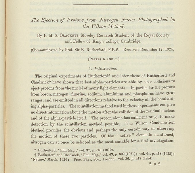 First paragraph of “The ejection of protons by nitrogen nuclei, photographed by the Wilson method,” by Patrick M.S. Blackett, Proceedings of the Royal Society of London, vol. A107, 1925 (Linda Hall Library)
