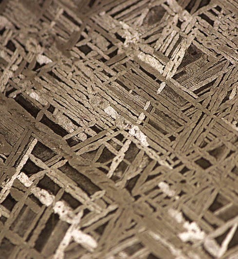 Etched piece of the Gibeon meteorite, found in Nambia in 1836, revealing the Widmanstätten pattern (James H on flickr)