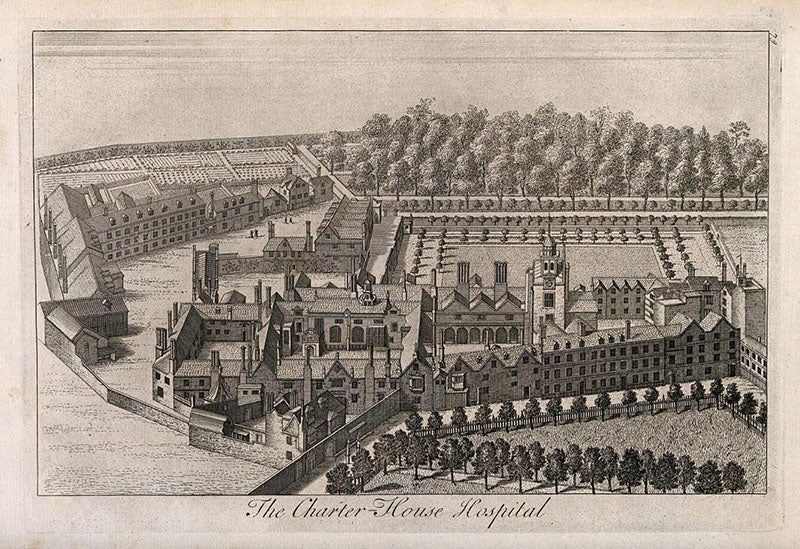 The Charterhouse in London, where Stephen Grey lived from 1720 to 1736, engraving, 1739, Wellcome Collection, London (wellcomecollection.org)