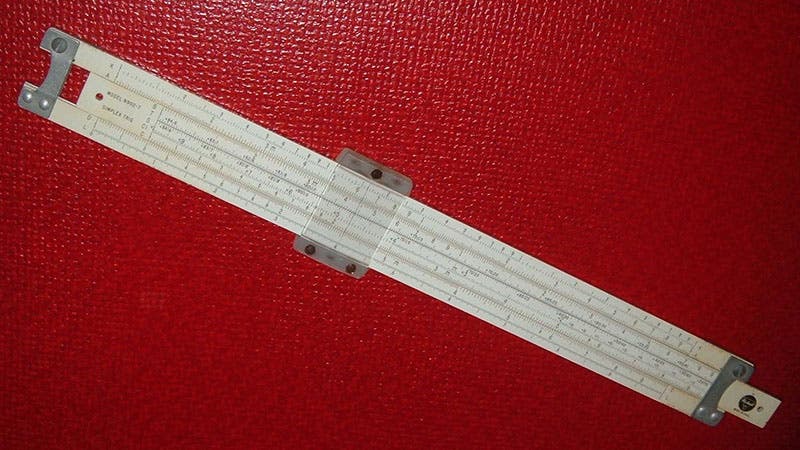 A Pickett slide rule, set to multiply 1.2 x 2.1 (or to take the square root of 6.35 or 635 (Wikimedia commons)