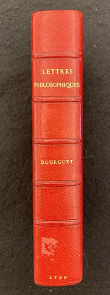 Spine of box, Lettres philosophiques … avec un mémoire sur la théorie de la terre, by Louis Bourguet, former Honeyman copy, 1729 (Linda Hall Library)