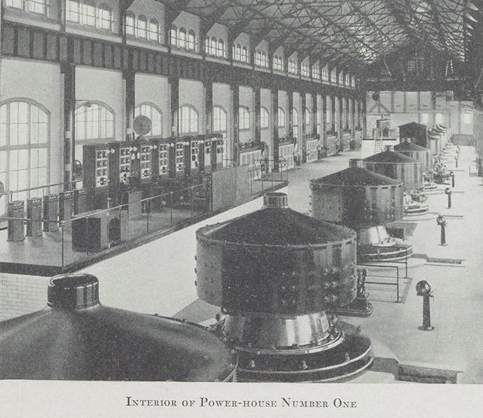 The original powerhouse no. 1, with ten 5,000 horsepower alternators in a row, 1895 photograph, in Edward Dean Adams, Niagara Power, vol. 2, 1927 (Linda Hall Library)