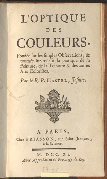 Title page, L'optique des couleurs, by Louis Castel, 1740 (Linda Hall Library)
