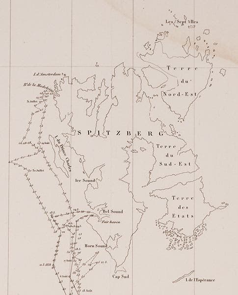 Detail of map of the voyage of Recherche, 1838-40, showing Spitzbergen, engraving from Joseph-Paul Gaimard, Voyages … en Scandinavie, en Laponie, au Spitzberg et aux Feröe, 1840-55 Atlas geologique (Linda Hall Library)