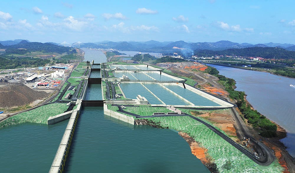 Artist rendering of the new third set of locks. Note the water saving basins to the right of the lock chambers. Image courtesy of the Panama Canal Authority.