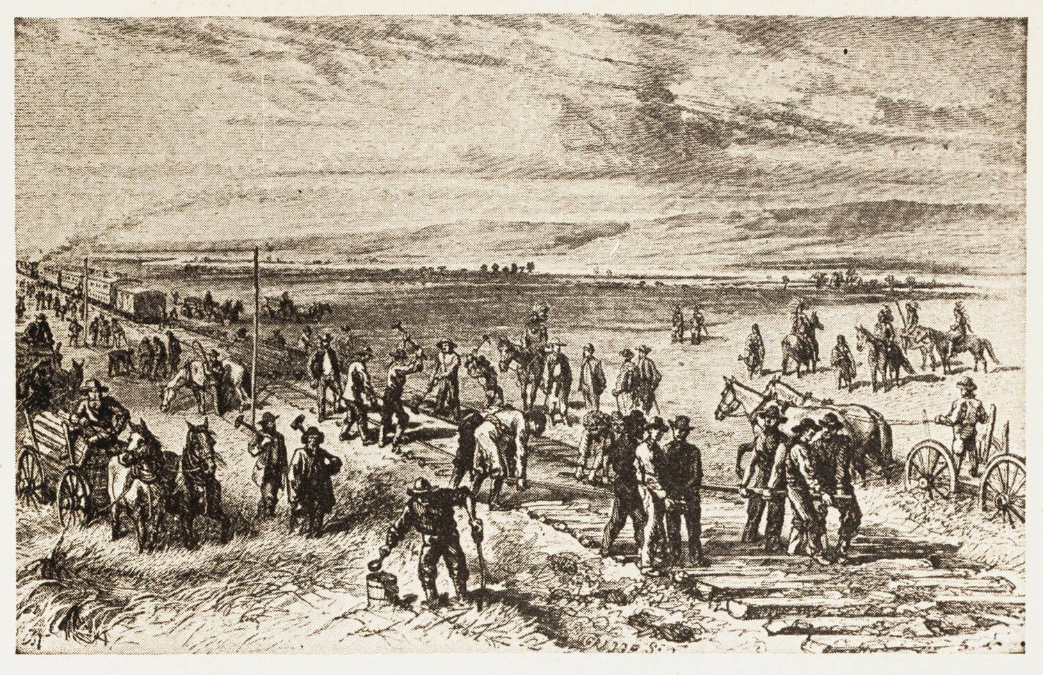 Artist depiction of Union Pacific crews building grade and track through Nebraska. Note the Pawnee Indians guarding the construction crews.