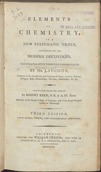 Title page, Elements of Chemistry: In a New Systematic Order, by Antoine Lavoisier, translated by Robert Kerr, 1796 (The Linda Hall)