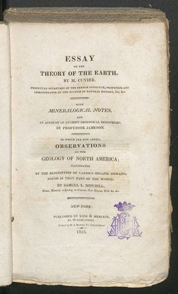 Title page of Samuel Latham Mitchill (ed.), Essay on the Theory of the Earth, by Georges Cuvier, 1818 (Linda Hall Library)