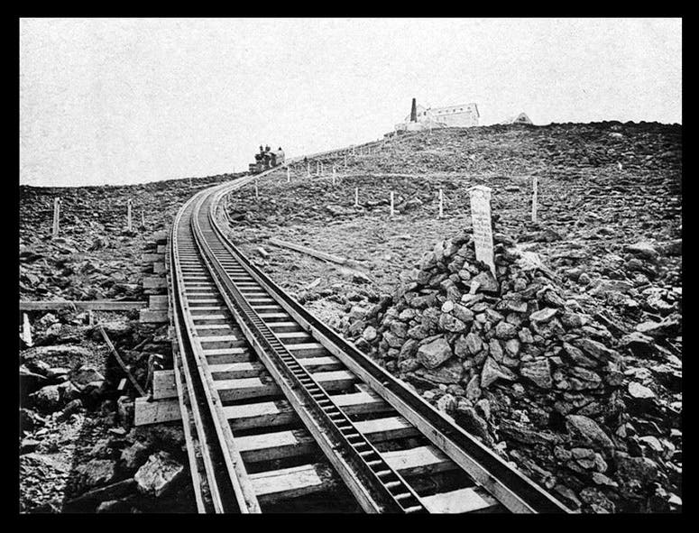 The upper section of the Mount Washington Cog Railway, showing the details of the cog rail system, heliotype, 1879 (empherasociety.org)