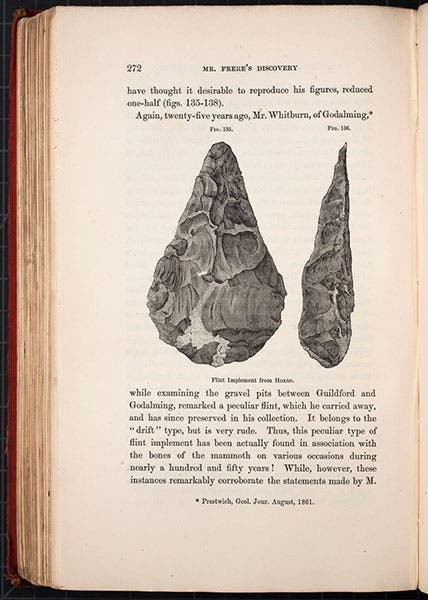 One of the two hand axes, found by John Frere at Hoxne in 1797, wood engraving in Prehistoric Times, by John Lubbock, 1st ed., 1865 (Linda Hall Library)